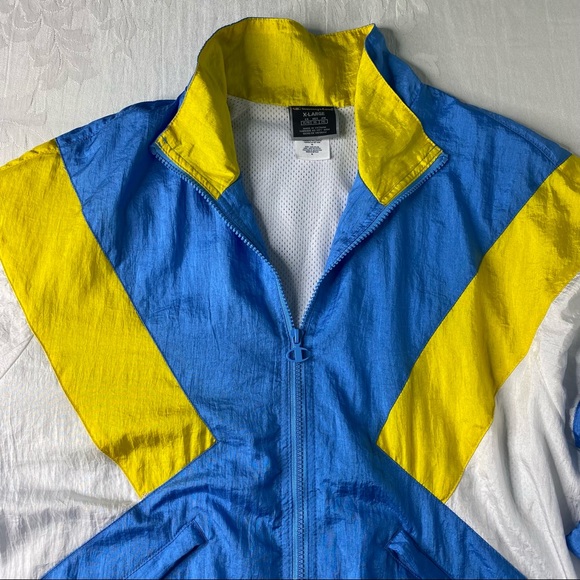 Champion Nylon Full Zip Warm Up Jacket Blue/Sunny Yellow/White size XL - Picture 11 of 16